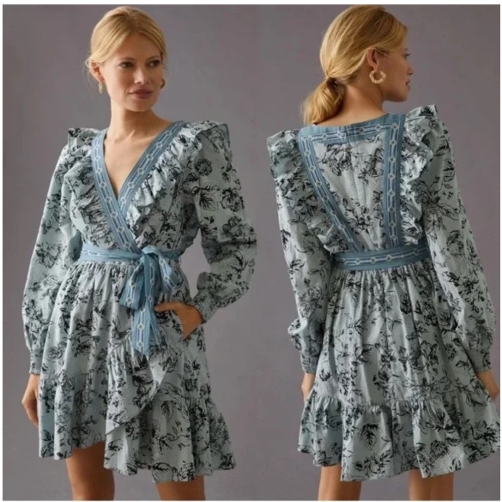 Anthropologie ruffle floral mini wrap dress large blue *missing belt